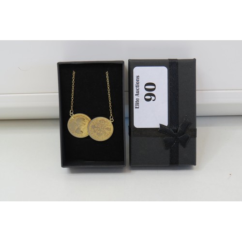 90 - 1964 Lucky Double sixpence coins 925 silver gilt necklace - boxed.