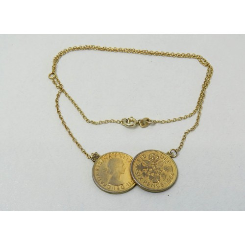 90 - 1964 Lucky Double sixpence coins 925 silver gilt necklace - boxed.