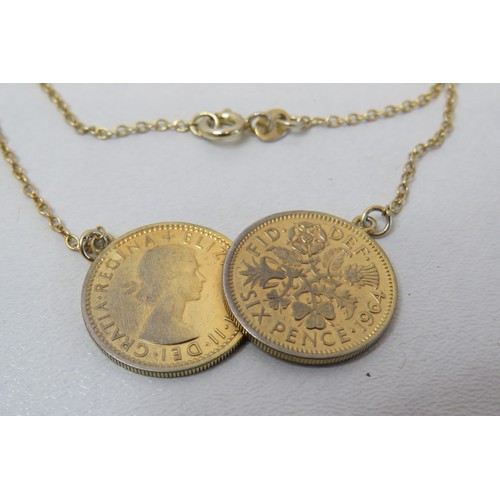 90 - 1964 Lucky Double sixpence coins 925 silver gilt necklace - boxed.