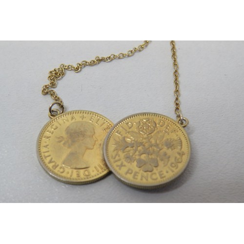 90 - 1964 Lucky Double sixpence coins 925 silver gilt necklace - boxed.