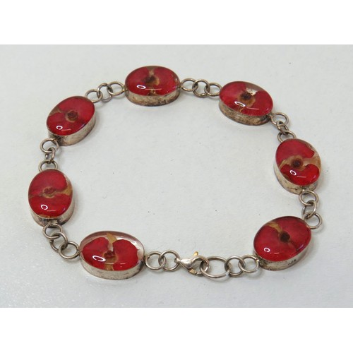 95 - 925 Silver real poppies flower bracelet, 7.5