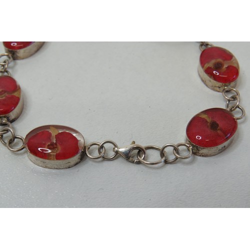 95 - 925 Silver real poppies flower bracelet, 7.5