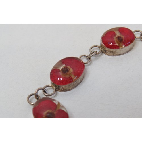 95 - 925 Silver real poppies flower bracelet, 7.5