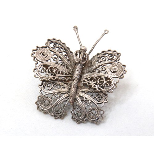 100 - Sterling silver filigree butterfly brooch.