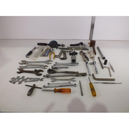 355 - Box of tools including qualcast clipper double pinion drill, spanners, allen keys, clamp, hacksaw bl... 