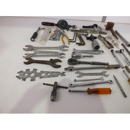 355 - Box of tools including qualcast clipper double pinion drill, spanners, allen keys, clamp, hacksaw bl... 