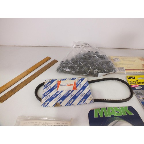 356 - Two boxes of miscellaneous tool items including mini roll, sanding, gutter guard, mesh, glue sticks,... 