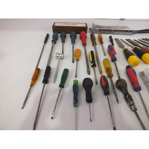 358 - Selection of screwdrivers, chisels, chisel sharpener, rasp, hacksaw, builders trowels etc