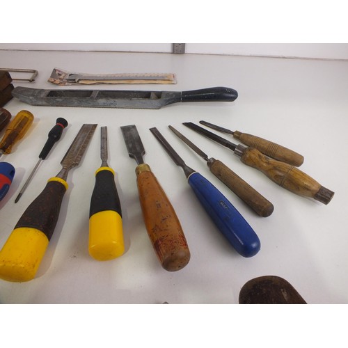 358 - Selection of screwdrivers, chisels, chisel sharpener, rasp, hacksaw, builders trowels etc