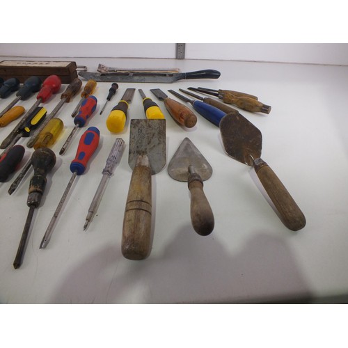 358 - Selection of screwdrivers, chisels, chisel sharpener, rasp, hacksaw, builders trowels etc