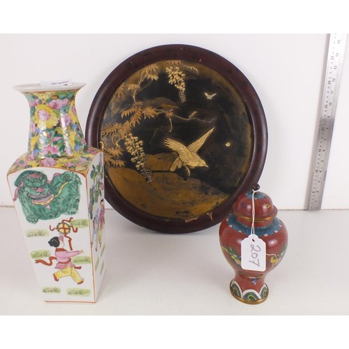 207 - Japanese lacquer plaque with bone decoration, cloisonne jar, and chinese vase