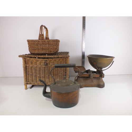 361 - Wicker shopping basket, pigeon bird basket, copper kettle, set of weighing scales