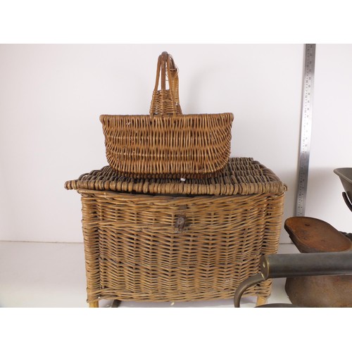 361 - Wicker shopping basket, pigeon bird basket, copper kettle, set of weighing scales