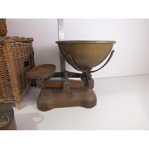 361 - Wicker shopping basket, pigeon bird basket, copper kettle, set of weighing scales