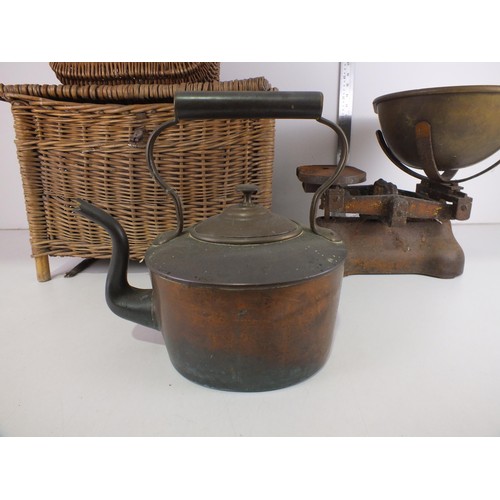 361 - Wicker shopping basket, pigeon bird basket, copper kettle, set of weighing scales