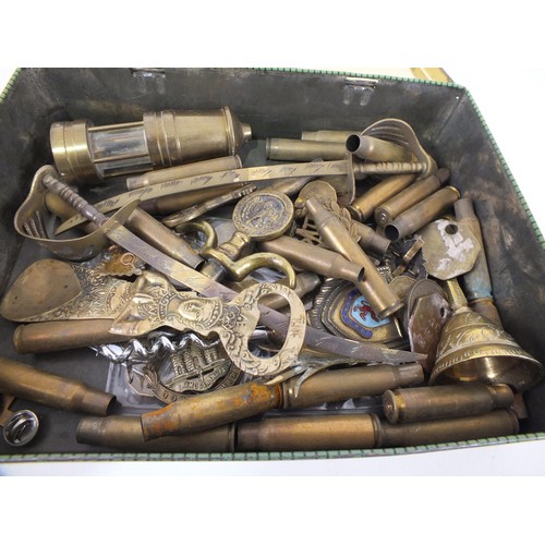 123 - Job lot of brass items, coins, mining, badges etc.