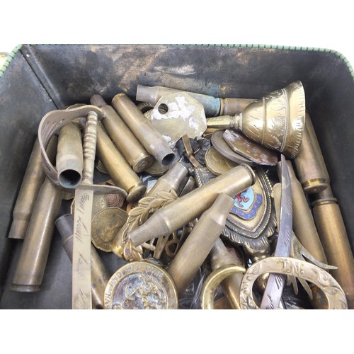 123 - Job lot of brass items, coins, mining, badges etc.