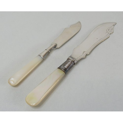 373 - Two vintage silver and Silver plate mother of pearl handle butter knives