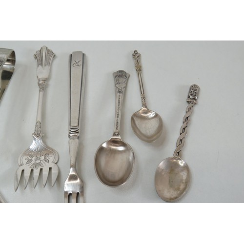 382 - Vintage spoons, sugar tongs, penknife, embassy plate, pickle fork etc