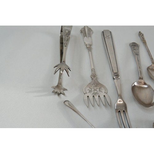 382 - Vintage spoons, sugar tongs, penknife, embassy plate, pickle fork etc