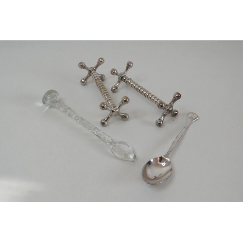 383 - Victorian Londsdale plate mustard spoon, glass sugar crusher and spoon rests