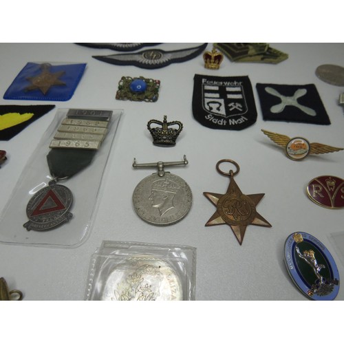 132 - Various medals, badges, coins.