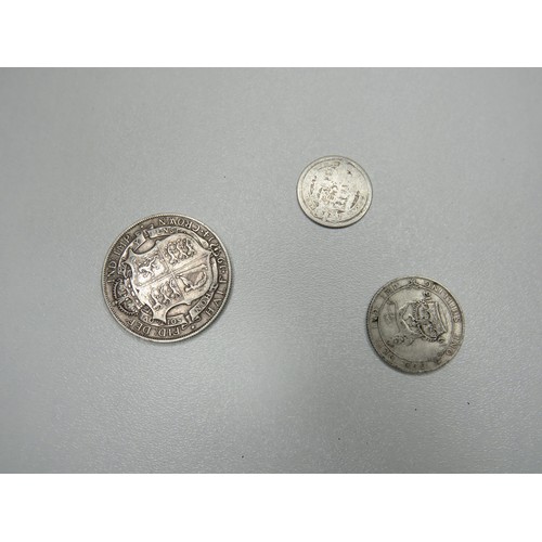 136 - Pre 1920 silver coins, 1914 half crown, 1913 shilling, 1816 6d.