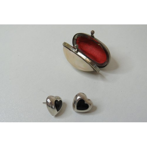 256 - Shell case and pair of silver earrings.