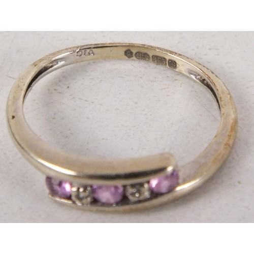 227 - White gold eternity ring with pink stones and diamond - marked 375