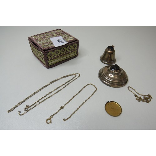 429 - Broken silver candlesticks, gold tone chains and a Rolex watch back cover.