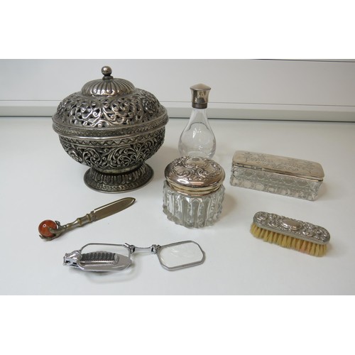 204 - Silver top bottle and jars, pot pourri container, lorgnette etc