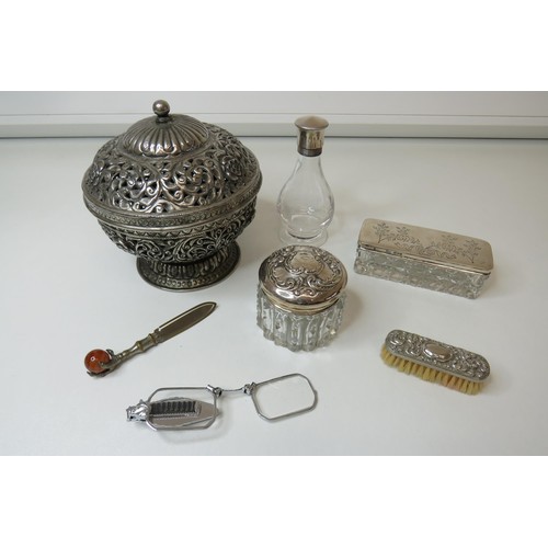 204 - Silver top bottle and jars, pot pourri container, lorgnette etc