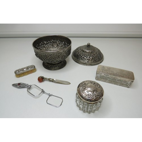 204 - Silver top bottle and jars, pot pourri container, lorgnette etc