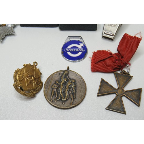 63 - Collectables to include medals, badges, Acme Thunderer whistle, masonic etc.