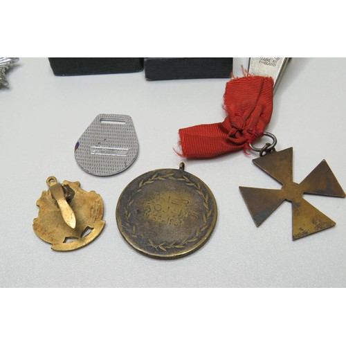 63 - Collectables to include medals, badges, Acme Thunderer whistle, masonic etc.