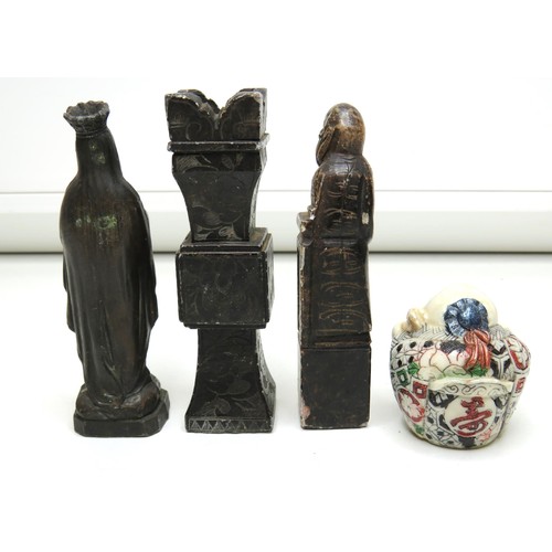 72 - Antique cast metal Mary Statue, Chinese soapstone carvings and Buddha.