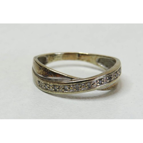 205 - 9ct gold crossover ring with diamonds-2g