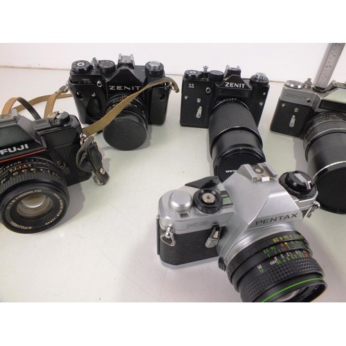 87 - Six vintage camera's to include Zenit, Cosmorex, Fuji and Pentax