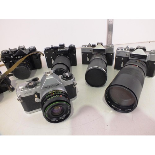 87 - Six vintage camera's to include Zenit, Cosmorex, Fuji and Pentax