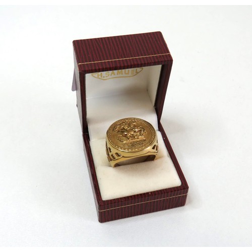 212 - Gents large Gold tone ring with box.