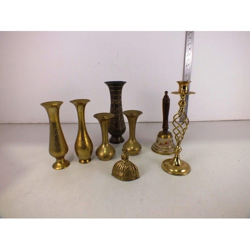 288 - Brass items to include candlestick, vases, bell etc.