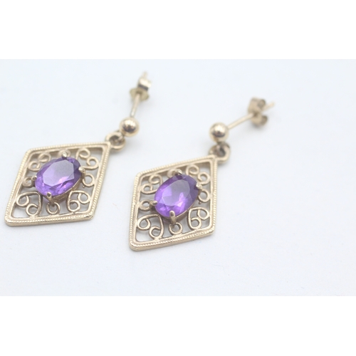 470 - 9ct gold amethyst drop stud earrings (2.4g)