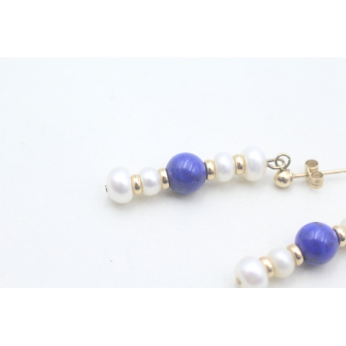 476 - 9ct gold Lapis Lazuli and pearl drop stud earrings (2.4g)