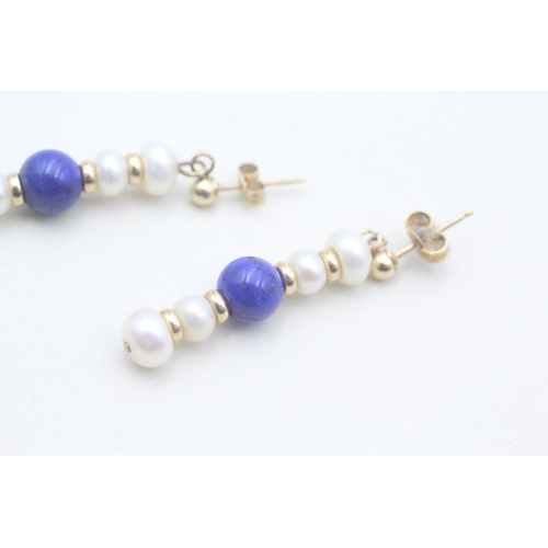 476 - 9ct gold Lapis Lazuli and pearl drop stud earrings (2.4g)