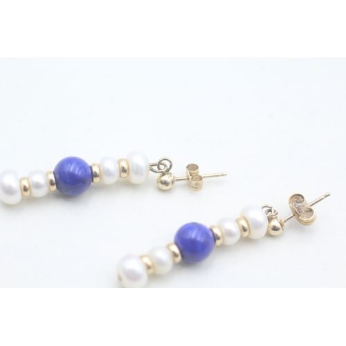 476 - 9ct gold Lapis Lazuli and pearl drop stud earrings (2.4g)