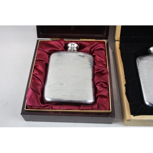 538 - Four boxed Hip Flasks Antique / Vintage Assorted Inc Pewter.