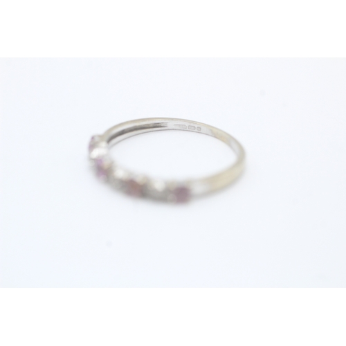 584 - 9ct gold pink sapphire & diamond half eternity ring (1.2g) size L.