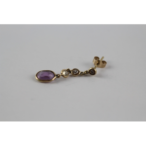 599 - 9ct gold amethyst and clear gemstone drop earrings (1.1g)