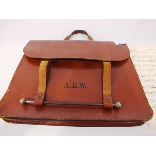 160 - Vintage monogrammed leather school/music bag with  sheet music inside