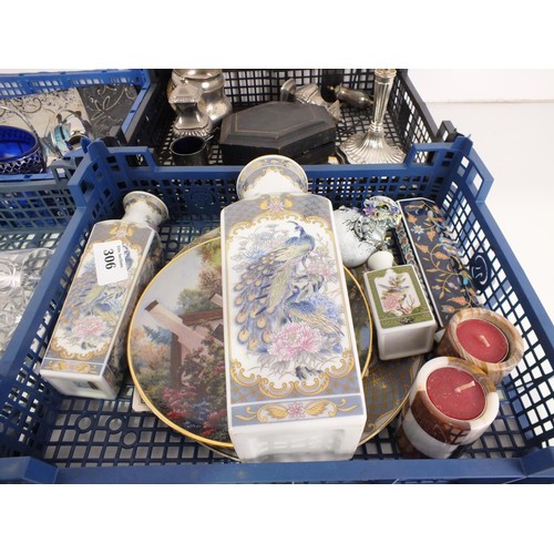 306 - Four trays of collectables to include metalware, ceramics, oriental, glassware etc.